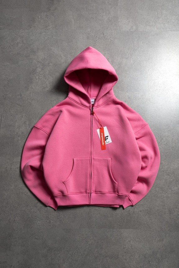 Pembe Boxy Crop Erkek Ceket Zip Hoodie - Aksesuarix - Türkiye´nin