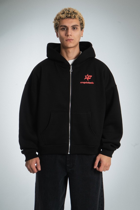 Crupt Heritage Kırmızı Logo Boxy Crop Erkek Ceket Zip Hoodie