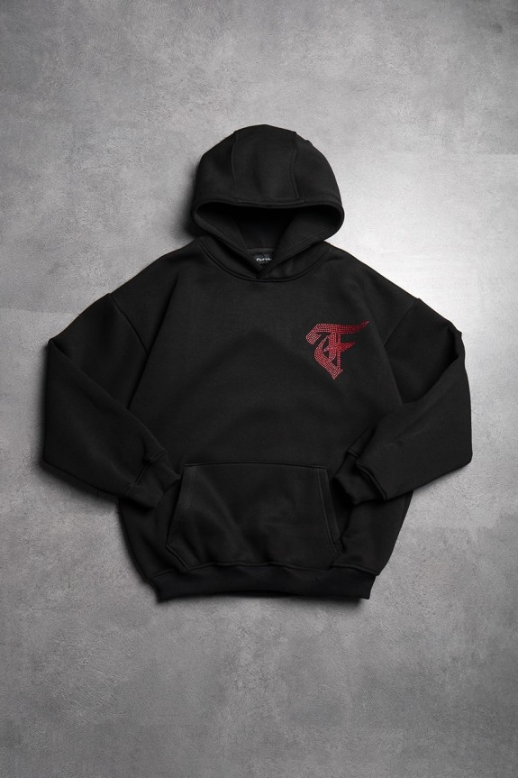 Rhinestones Kırmızı Taşlı Web Siyah Erkek Oversize Hoodie