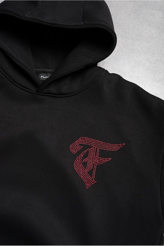 Rhinestones Kırmızı Taşlı Web Siyah Erkek Oversize Hoodie