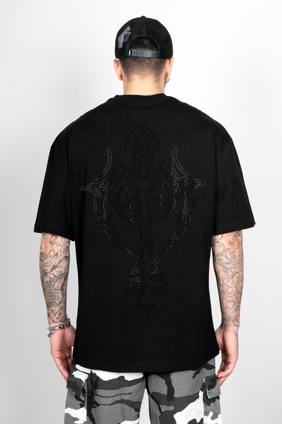 Rhinestones Siyah Taşlı Goth Oversize Siyah Erkek Tişört