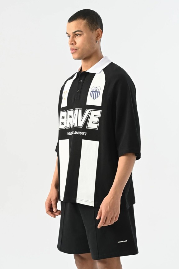 Brave Polo Yaka Oversize Siyah Erkek Futbol Forması - Aksesuarix
